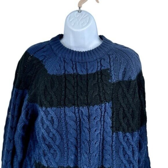Tuckernuck NEW Navy Patchwork Cable Knit Relaxed Fit Pullover Sweater Size L - Picture 5 of 12